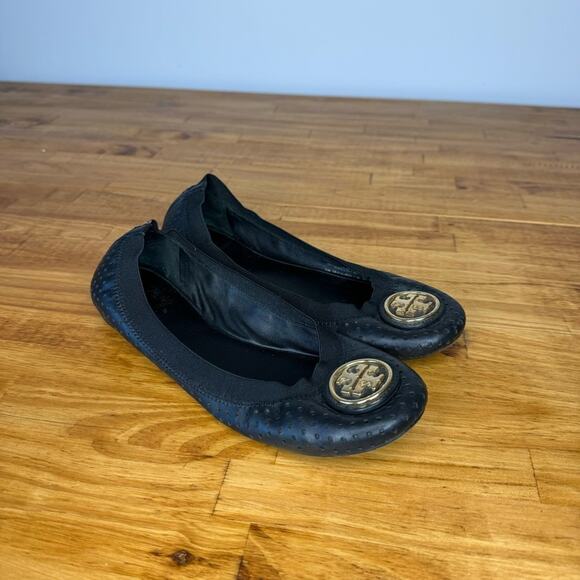 Tory Burch Caroline Black Leather Perforated Ballet Flats Size 7 - Picture 1 of 8